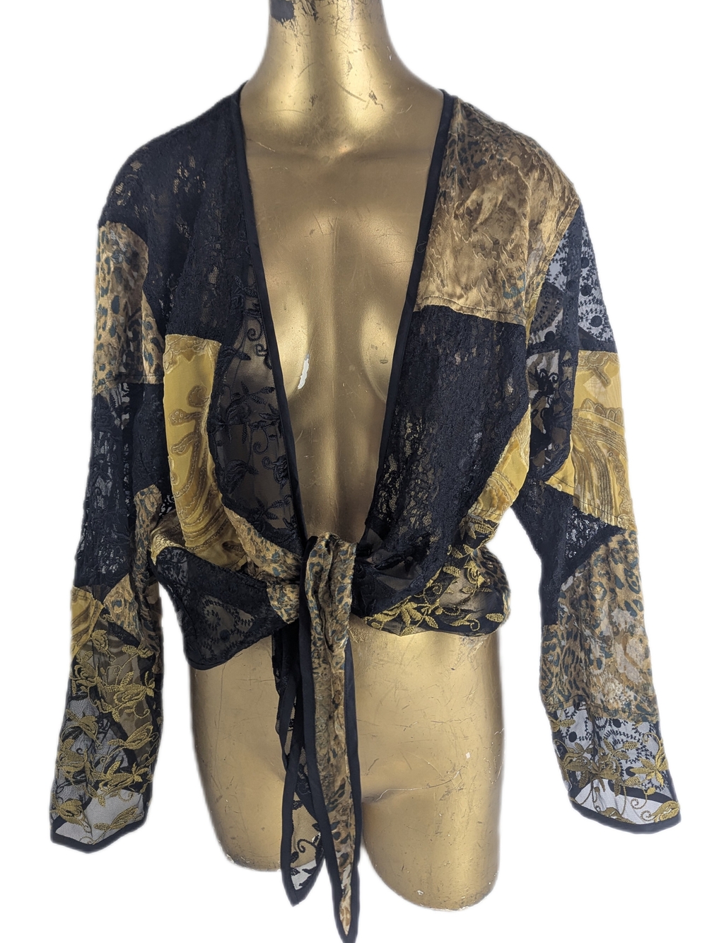 Chico's Bohemian Black & Gold Velvet &  Lace Tie-Front Blouse